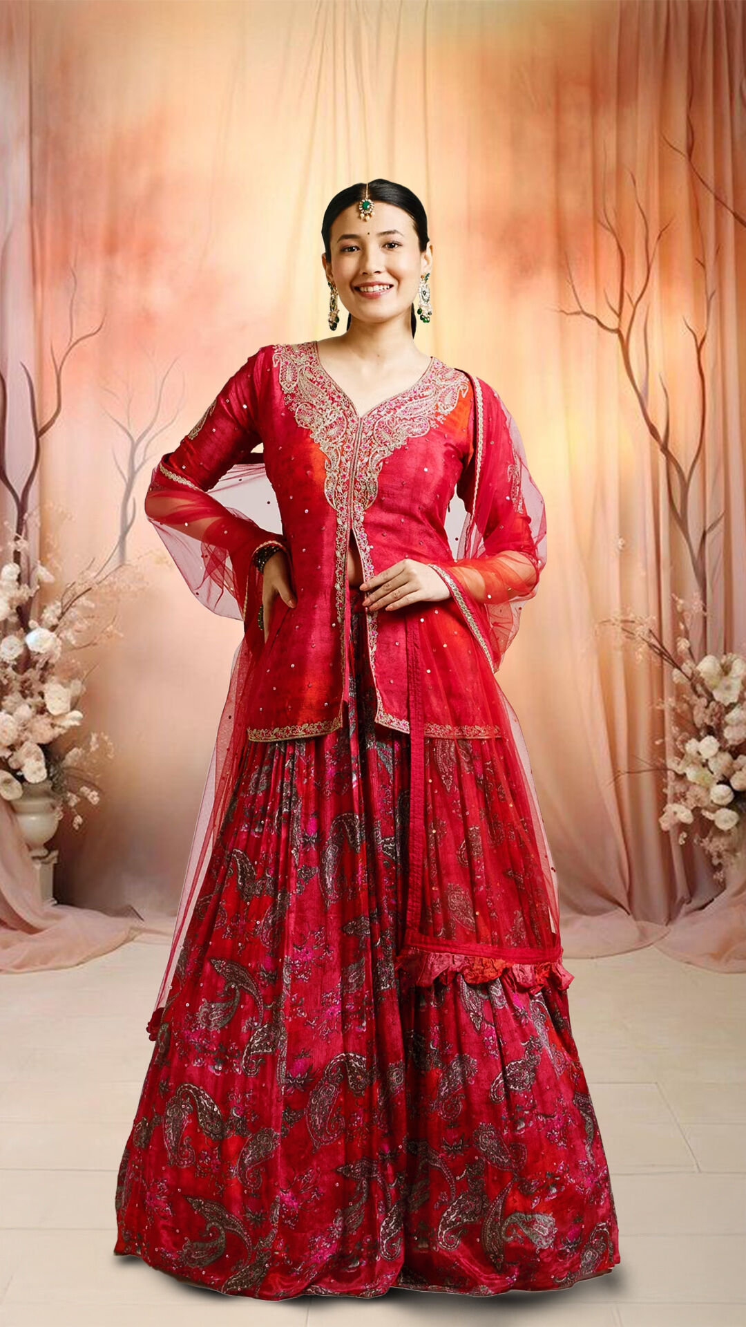 Contemporary red bridal lehenga styled with an elegant dupatta for a regal wedding look.